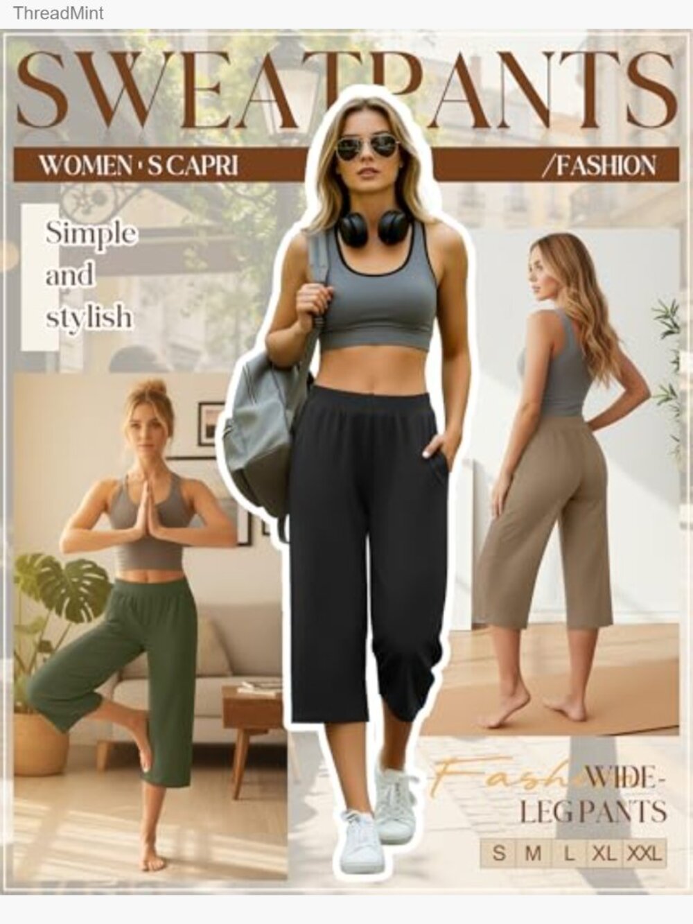 3 Pack Women's Capri Sweatpants, Wide Leg Joggers, Yoga Lounge Pants - Picture 4 of 7